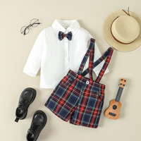 Vêtements d'été pour enfants-Ensemble formel avec nœud papillon-Chemise à carreaux-Ensemble short à bretelles-Vêtements pour bébés garçons-Tenues pour frères et soeurs