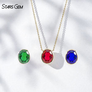 StarsGem Collar con Colgante de Oro Sólido de 10K con Esmeralda Colombiana, Zafiro y Rubí Creados en Laboratorio, Corte Ovalado, Engaste de Bisel - Product Image 1