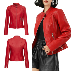 Blouson court matelassé en cuir imperméable pour femme, col montant, fermeture éclair, idéal printemps - Product Image 1