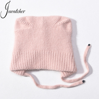 Jxwatcher Bonnet en tricot de cachemire long et chaud pour l'hiver, avec oreilles de chat mignonnes, double couche épaisse et douce, vente en gros, bonnet au crochet pour femme