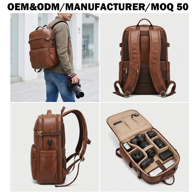 Eco-friendly Vegan Leather Camera Backpack for DSLR Stylish Sustainable Photography Bag Custom Logo OEM Manufacturer