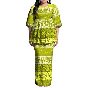 Abito Puletasi Bianco Personalizzato per Donna, Stampa Samoana Polinesiana, Maniche a Sbuffo, Vestito Lungo Maxi con Spacco Posteriore, Set 2 Pezzi - Product Image 4