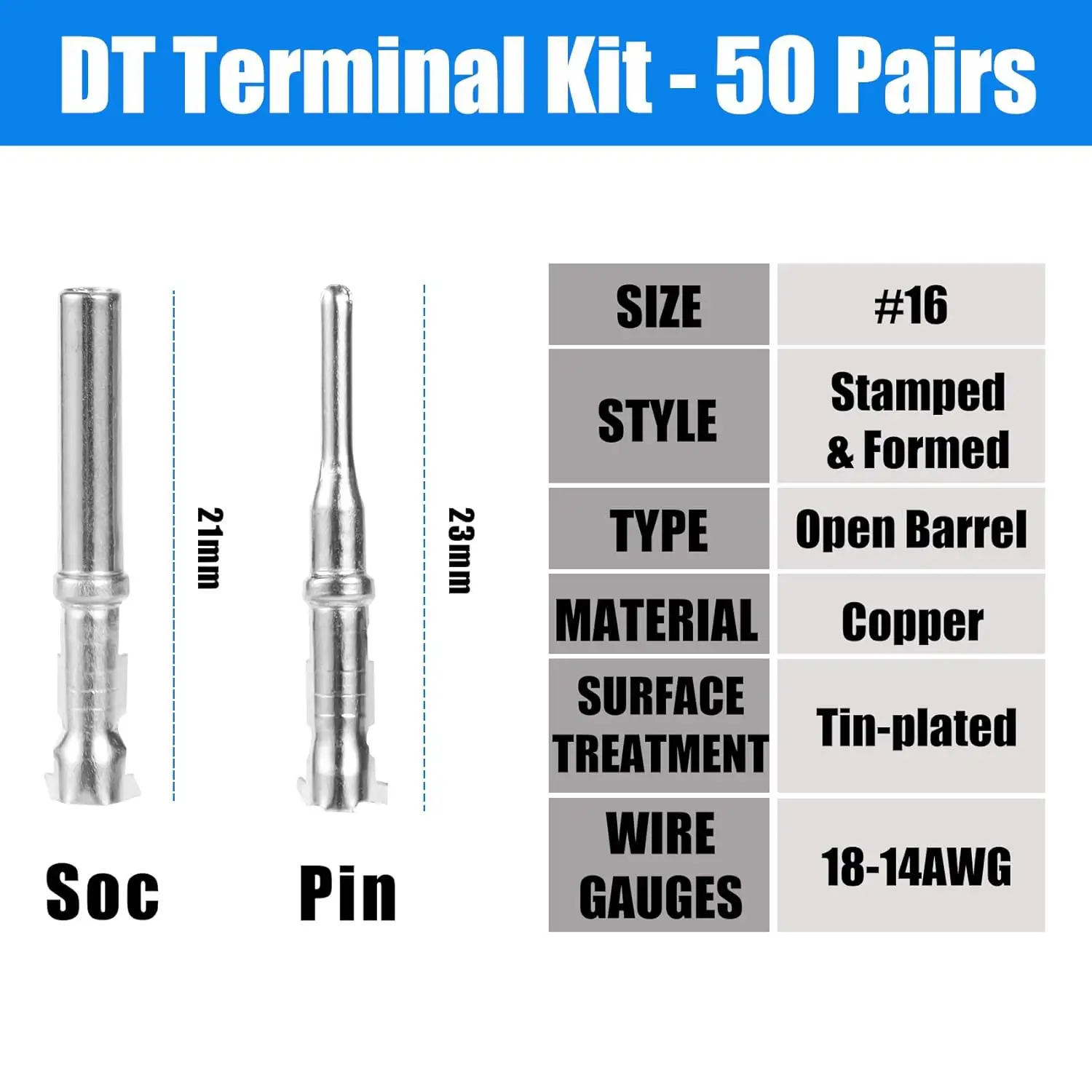AOWIFT 50 Pairs DT Connector Terminals Kit Size 16 Stamped Contacts Male Pins Female Sockets Replacement Terminal for 18-14AWG