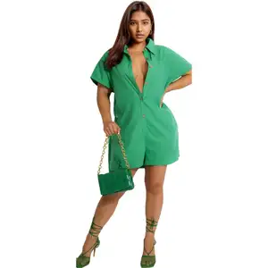 D0312TA81 New In 2023 Solid Color Botton Loose 1 Piece Short Going Out Jumpsuit For Women Sehe Fashion