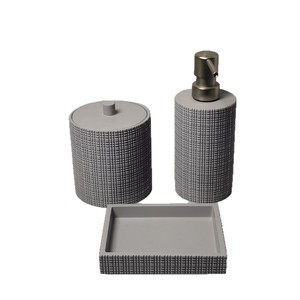 Ensemble de salle de bain 3 pièces en résine gaufrée <span class=keywords><strong>3D</strong></span> gris béton, style européen, avec distributeur à pompe en métal brossé, pot à coton-tige à couvercle et <span class=keywords><strong>porte</strong></span>-<span class=keywords><strong>savon</strong></span> - Product Image 3