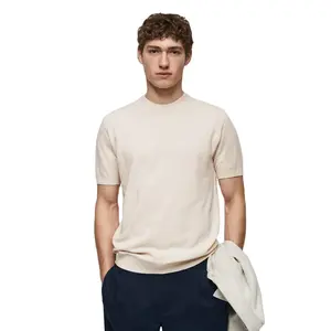 ผู้ชายที่ขายดีที่สุดสีเบจถักผ้าฝ้ายโครงสร้างเสื้อยืดพอดีบางกับคอจําลองสําหรับขายผู้ชายเสื้อยืดผ้าฝ้ายเปล่า - Product Image 1