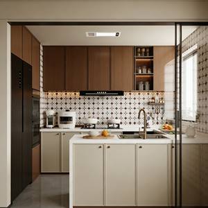 Armoires de cuisine en bois bicolores de luxe, design moderne durable avec étagères ouvertes rétroéclairées et accents de carreaux à motifs - Product Image 3