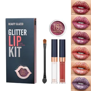 Glitter lip kit Glitter Waterproof Smudge Powder Lipstick Makeup Brush Vegan Cruelty Free Lip Gloss lip Cosmetics