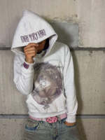 Sweat à capuche gris vintage Y2K pour homme, imprimé graphique en strass, coupe ample et délavée, en molleton épais, style streetwear surdimensionné, personnalisé, grunge