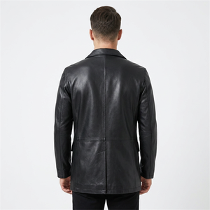 Men's Genuine <b>Leather</b> <b>Blazer</b> Notched Lapel Single Breasted Regular Fit Black Outerwear - Product Image 3