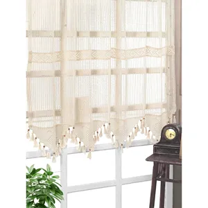 Cortina de Tul con Borlas de Encaje y Listón a Rayas Auténticas - Cortinas y Cenefas Elegantes y Modernas para el Hogar en Varios Tamaños y Colores - Product Image 1