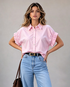 Hot Sale Women Lapel Blouse Loose Fit Ruffle <b>Flutter</b> Short <b>Sleeve</b> Casual Shirt Daily Ladies Collared <b>Top</b> - Product Image 5