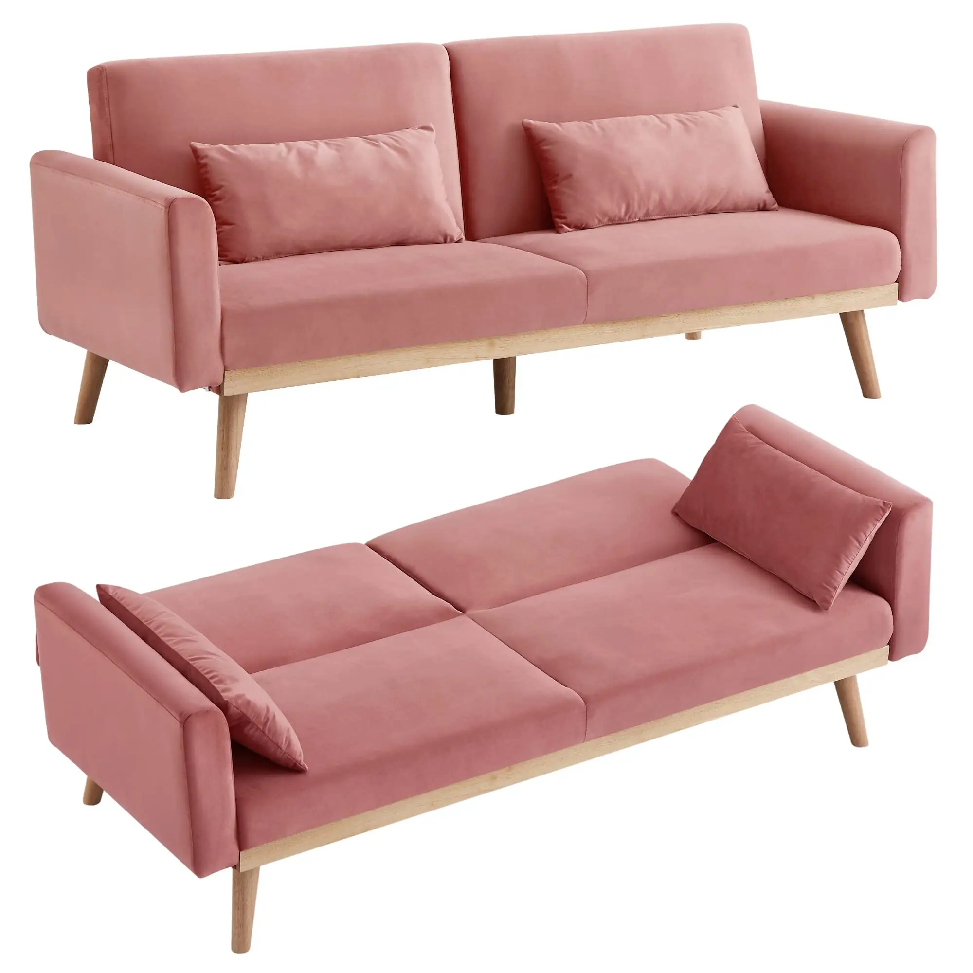 Moderne Bank Gestoffeerde Converteerbare Slaapbank Fluwelen Slaapbank Bank Loveseat Met Houten Frame Voor Huis-Roze