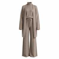 Conjunto de 3 piezas de cachemir para mujer: cárdigan largo, suéter de cuello alto y pantalones de pierna ancha, conjunto de punto para estar en casa, venta al por mayor