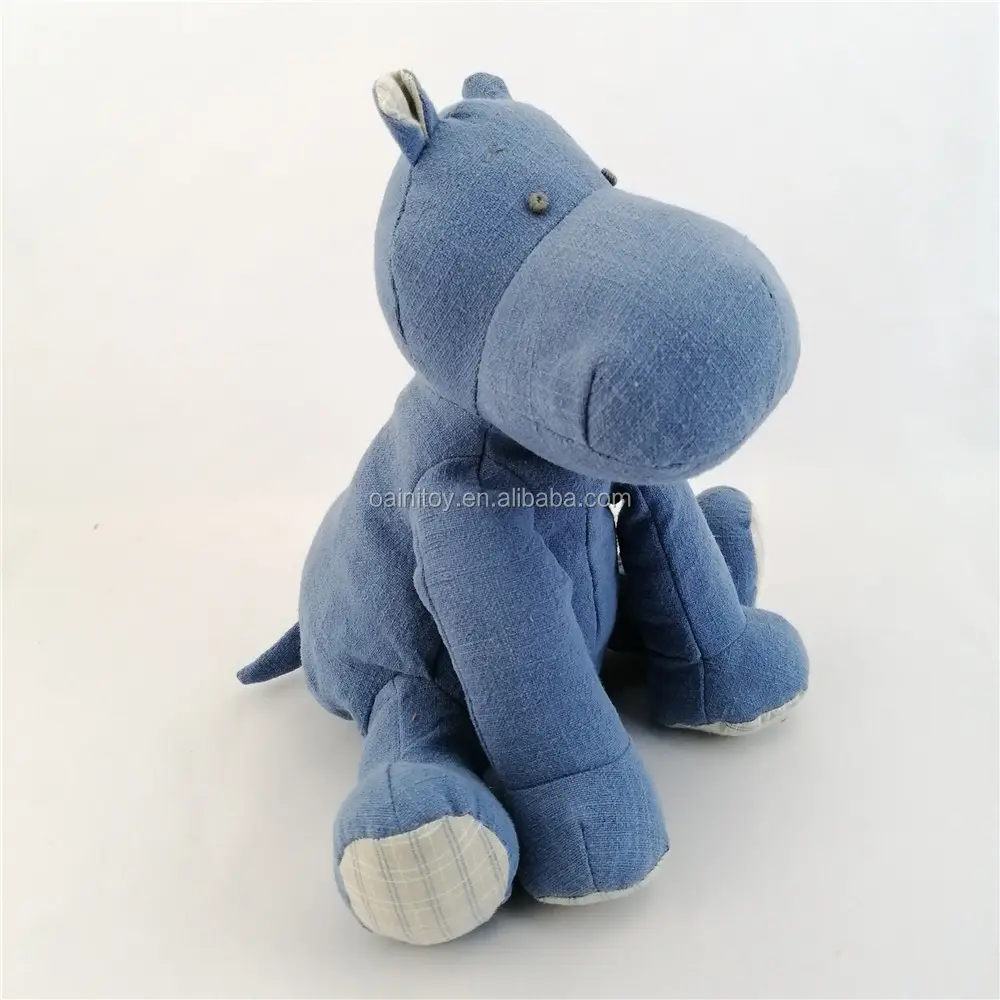 2021 New Design Organic Baby Toys Safe Embroidery Eyes EN71 Soft Toys Kids Playing Elephant Blue Linen Hippo Stuffed Animal Toy