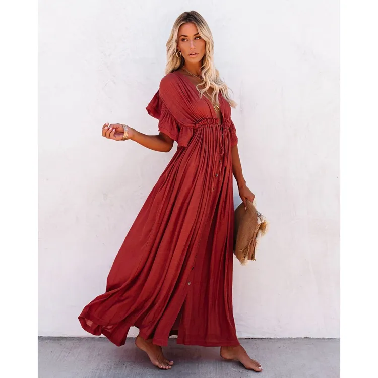 Vacation holiday burgundy A line elegant casual long maxi summer dresses women beach