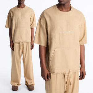 KingSen OEM Men's Breathable Linen <b>Blend</b> T Shirt Oversized Custom Embroidery Raw Edge Pocket Casual Tee Slub Cotton Streetwear - Product Image 1