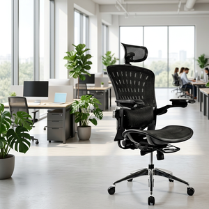 Silla de Oficina de Malla con Reposacabezas y Reposabrazos Ajustables, Base Cromada, Giratoria, Diseño Ergonómico, Estilo Contemporáneo - Product Image 3