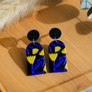 Orecchini Dipinti PENDIENTE Nero Blu Giallo Design Astratto Gioielli di Tendenza Accessorio Moda - Product Image 2