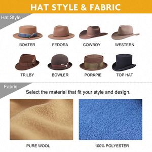 Custom Winter Indoor High Quality Unisex Black <b>Flat</b> Brim 100% Polyester Character Style Fedora Dress <b>Hat</b> for Fishing - Product Image 3