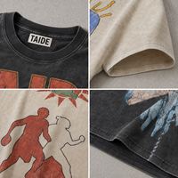 T-shirt Boxy TaiDe avec logo personnalisé, 280 GSM, teint en pièce, délavage vintage, imprimé graphique, épaules tombantes, OEM, marque privée, fabricant en gros