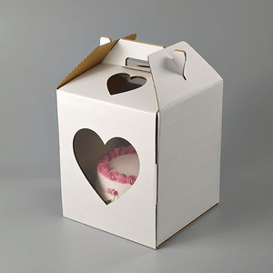 White <b>Square</b> Cake Box With Heart Window And Handle Self Erecting Paperboard Packaging For Food - Product Image 1