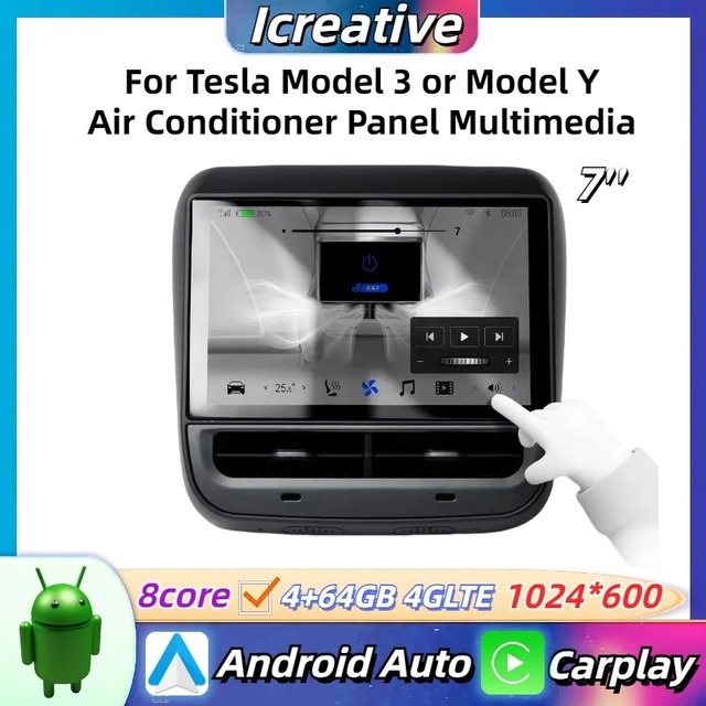 7" Touch Screen Rear Air Conditioning Vent Display for Model 3 Model Y CarPlay Android Auto Rear Seat Multimedia Video Player