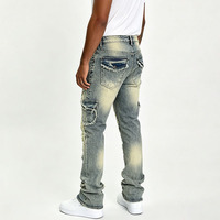 Pantalon en jean délavé Europe-Amérique – Tendance Y2K Hip Hop High Street Taille haute Robuste Patchwork Effet usé et déchiré Coupe slim
