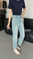 Jean cigarette taille haute bleu clair pour femme grande taille, boutonné, en tissu élastique délavé, inaltérable, avec poche brodée, toutes saisons