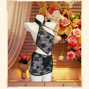 Golden Shuttle Woven Lingerie <b>Stand</b> Collar Halter Neck Lace Set 8107 Women Sexy Hipster Mid Rise <b>Night</b> Banquet Black - Product Image 2