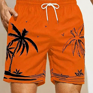 Short à cordon de serrage à séchage rapide pour hommes, imprimé palmiers orange, avec poches, vêtements de plage décontractés - Product Image 1