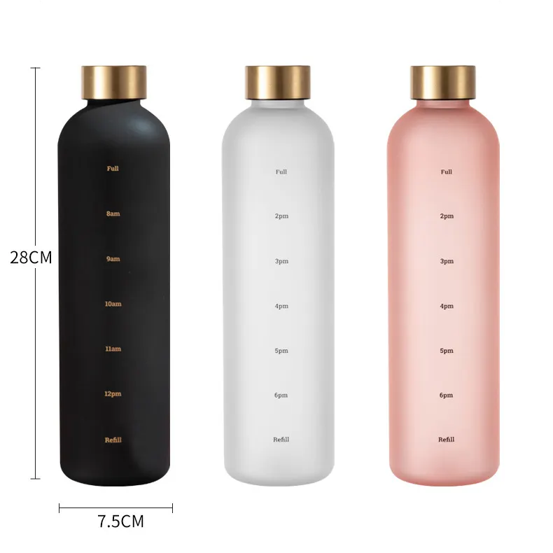 Bouteille d'eau en plastique dépoli, sans BPA, Logo personnalisé, capacité 1l, 32Oz, avec échelle de l'heure, pour le Sport