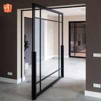 Porte d'entrée principale moderne en aluminium de qualité avec serrure intelligente, charnière noire, porte pivotante en verre