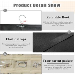 Hanging Jewelry Organizer 36 Hooks 40 Pockets Rectangular Black And Beige For Necklace Storage Women Modern Style - Product Image 5