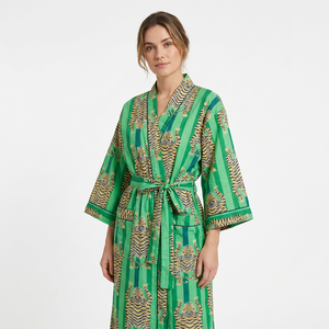 Robe kimono en coton pour femmes, faite à la main, imprimé floral, col en V, longueur intégrale, taille élastique, design japonais unique, décontractée, pour tous les jours, été - Product Image 1