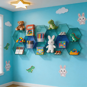 <b>Wall</b>-Mounted Hexagonal Plastic Storage Unit for Kids Room Modern <b>Display</b> Rack with Transparent Design - Product Image 1