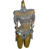 Combinaison une pièce argentée à manches longues, sequins et strass, pour femme, justaucorps de danseuse Gogo, tenue de scène, combinaison de festival