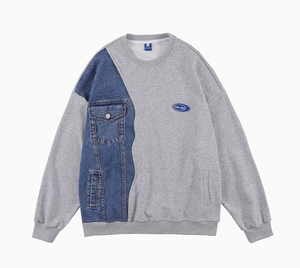 Streetlux High Street Cowboy Splicing Hoodie Hombres Primavera y otoño Nueva tendencia de Hip Hop Diseño suelto Sense All Round Neck Shirt - Product Image 1