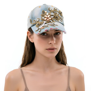 New Galloon Lace Rhinestone Embroidery 100% Cotton 6-Panel Metal Buckle <b>Leaf</b> Pattern Custom Summer Baseball Cap Sports Hat for - Product Image 4