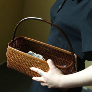Lacquered handmade <b>bamboo</b> woven storage basket, tea ceremony accessory, tea set storage box, retro Zen-inspired new Chinese - Product Image 1