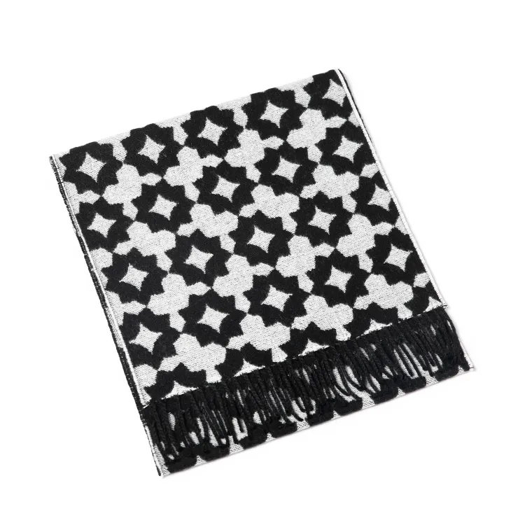 Factory Direct High Quality Russian Women's Warm Super Soft Cashmere Faux Jacquard Woven Scarf in Black and White Gold Pattern