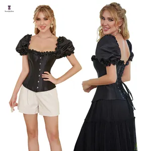 Plus Size Gothic Steampunk Victorian Burlesque Costumes Black Puff Sleeve Sexy Corsets And Bustiers