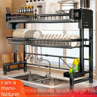 Pratique Extensible Double Niveau En Acier Au Carbone Noir Durable Moderne Plat Rack Longueur Réglable Évier De Cuisine Étagère De Rangement