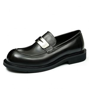 Zapatos de Moda con Punta Redonda de Cuero para Hombre, Estilo Metálico, Casuales de Negocios, Parte Superior de Cuero Genuino, Aumentan la Altura, Otoño - Product Image 5