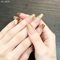 Lot de 24 faux ongles à presser en ABS réutilisables, motif cœur 3D, couleur caramel ambre or champagne, taille moyenne carrée, pré-conçus