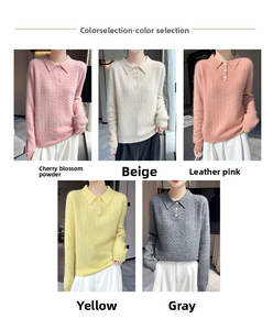 100% צמר טהור כבל לנשים לסרוג שרוול ארוך עבור הסוודר פונה צווארון אפור למטה לחצן העליון - Product Image 2