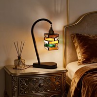 Lampe de table en bois massif de style médiéval rustique avec abat-jour en verre, lumière d'ambiance pour chambre à coucher et salon