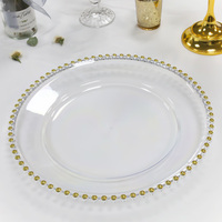 Assiettes de présentation en plastique transparent écologique de 13 pouces Assiette ronde perlée de table en noir, argent et or