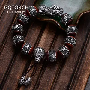 Echtes 990 Sterling Silber rotes Sandelholz, das sechs Wörter Mantra Inspiration Perlen Armbänder für Männer und Frauen schnitzt