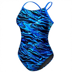 Women One Piece Swimsuit Blue Marble Print <b>Crossed</b> Halter Spandex Polyester Stretch Swimwear - Product Image 4
